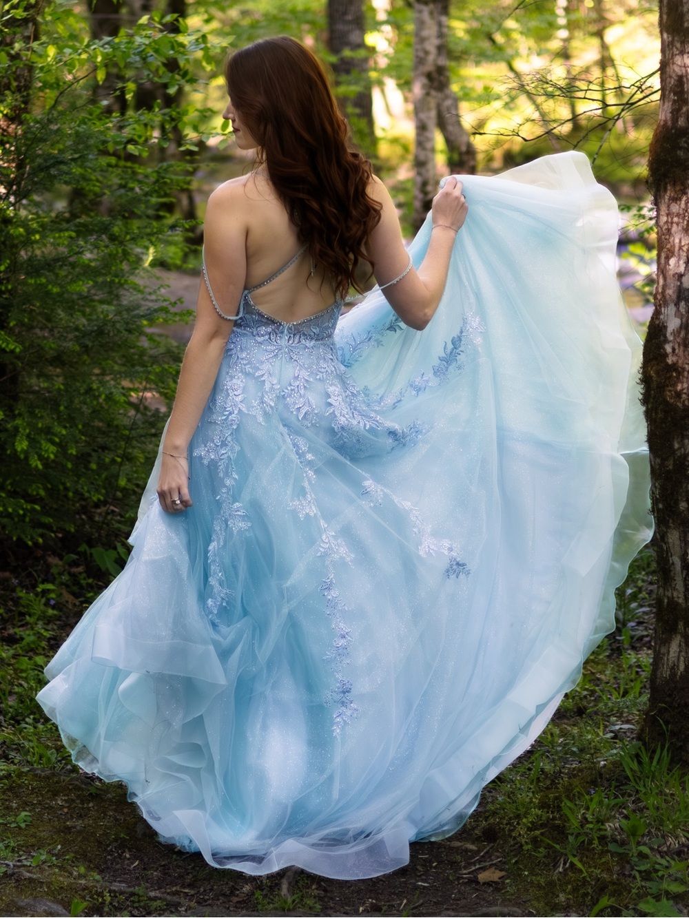 ellie wilde Powder Blue Tulle Prom Gown with Lace Appliqué